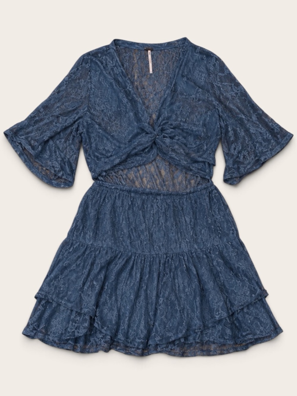 Free People Blue Gray Lace Tie Front Mini Dress Bell Sleeve M